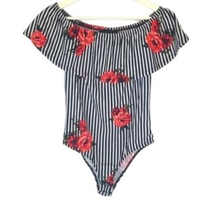Rose Pinstripe Bodysuit Top Black & Red, Women's Size M